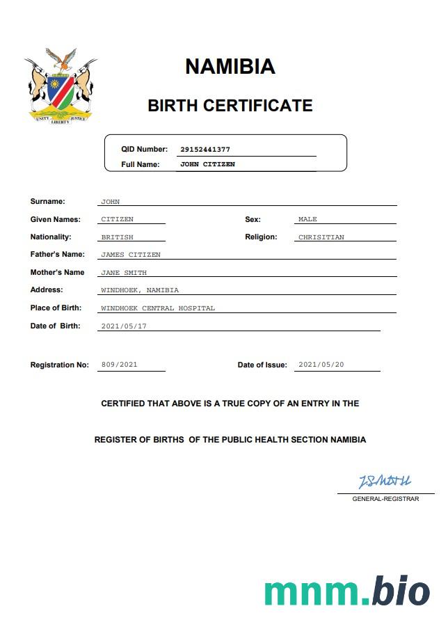 Namibia narodziny certyfikat Word i PDF szablon